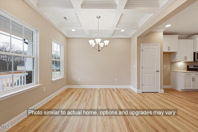 5428 Jaeger Dr Lot # 45, Graham, NC 27253 - unfurnished dining area featuring light wood finished floors, beamed ceiling, a chandelier, coffered ceiling, and recessed lighting