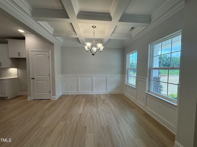 5428 Jaeger Dr Lot # 45, Graham, NC 27253 - unfurnished dining area with a chandelier, light wood-style floors, beam ceiling, coffered ceiling, and crown molding