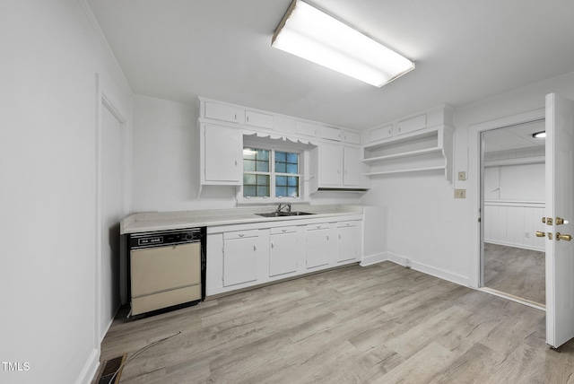 1219 Carlton Ave, Raleigh, NC 27606 - kitchen featuring white dishwasher, white cabinets, open shelves, and light countertops