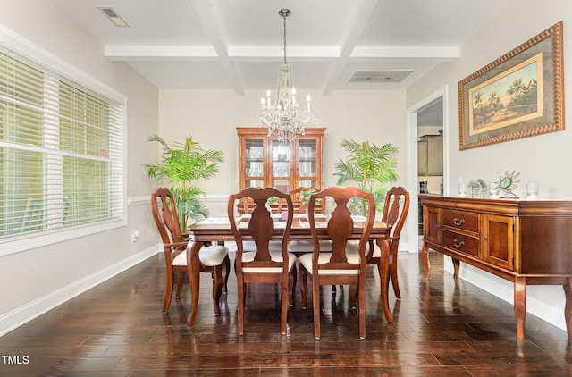 1726 Rapids Ct, Franklinton, NC 27525 - dining area with a chandelier, dark wood finished floors, coffered ceiling, and beam ceiling