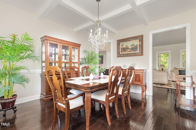 1726 Rapids Ct, Franklinton, NC 27525 - dining room featuring a chandelier, beamed ceiling, coffered ceiling, and dark wood-style floors
