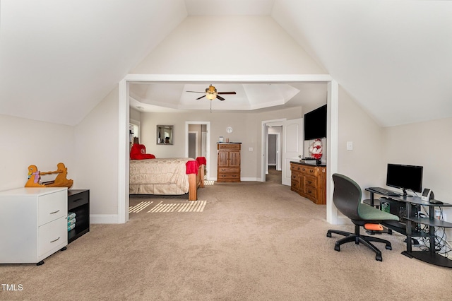 1726 Rapids Ct, Franklinton, NC 27525 - bedroom with light colored carpet, lofted ceiling, a ceiling fan, and a desk