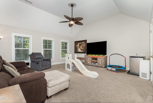 1726 Rapids Ct, Franklinton, NC 27525 - carpeted living room with vaulted ceiling and ceiling fan