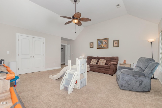 1726 Rapids Ct, Franklinton, NC 27525 - living area featuring vaulted ceiling, a ceiling fan, and carpet flooring