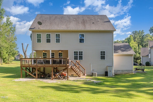 1726 Rapids Ct, Franklinton, NC 27525 - rear view of house featuring a deck, stairway, a ceiling fan, and a lawn
