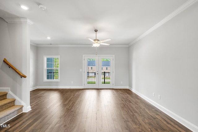 547 Forestville Rd, Wake Forest, NC 27587 - unfurnished living room with dark wood-type flooring, ceiling fan, stairway, ornamental molding, and recessed lighting