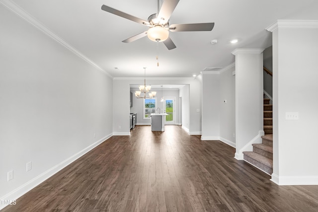 547 Forestville Rd, Wake Forest, NC 27587 - unfurnished living room with a ceiling fan, dark wood-style floors, stairs, crown molding, and a chandelier