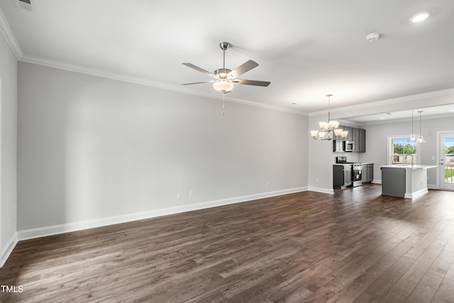 547 Forestville Rd, Wake Forest, NC 27587 - unfurnished living room featuring dark wood-style flooring, a chandelier, ceiling fan, and crown molding