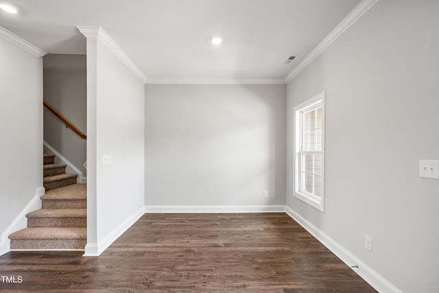 547 Forestville Rd, Wake Forest, NC 27587 - unfurnished room with dark wood-style flooring, ornamental molding, recessed lighting, and stairs