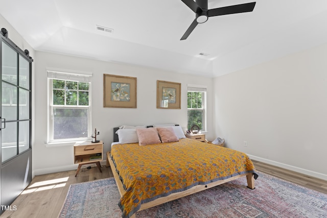 274 Marsh Creek Dr, Garner, NC 27529 - bedroom featuring wood finished floors, a barn door, a tray ceiling, and ceiling fan