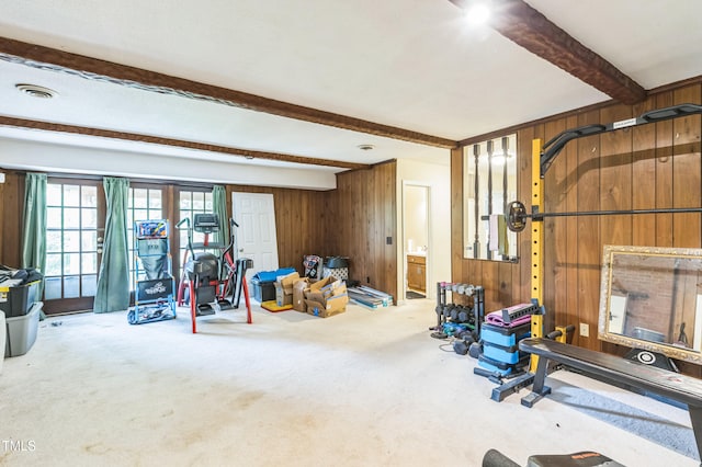 2712 Pebblebrook Dr, Sanford, NC 27330 - workout room featuring wooden walls and carpet floors