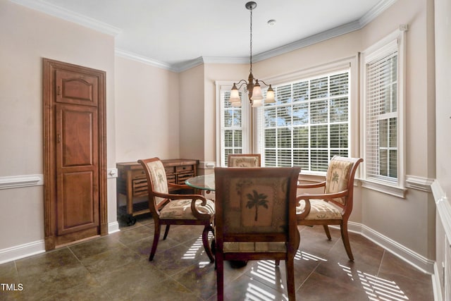 106 Woodmere Ln, Goldsboro, NC 27530 - dining space with plenty of natural light, crown molding, dark tile patterned floors, and a chandelier