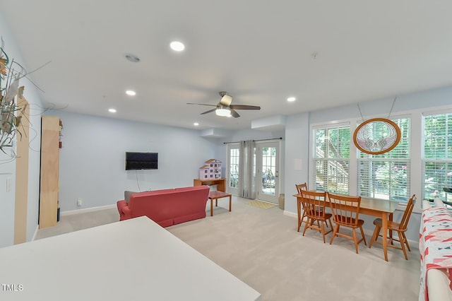 119 Jones Creek Pl Unit 119, Chapel Hill, NC 27516 - living area with light carpet, a ceiling fan, and recessed lighting