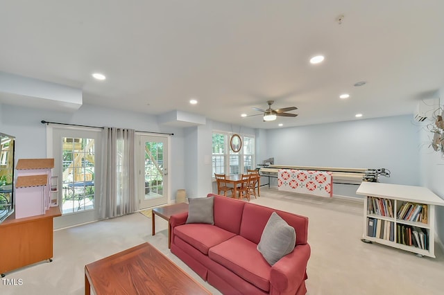 119 Jones Creek Pl Unit 119, Chapel Hill, NC 27516 - carpeted living area with a ceiling fan, recessed lighting, and a wall mounted air conditioner