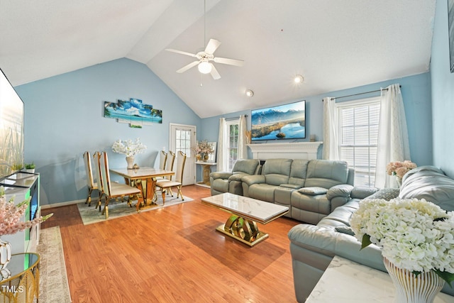 2636 Scattered Oak Ct, Raleigh, NC 27603 - living area featuring lofted ceiling, ceiling fan, wood finished floors, and healthy amount of natural light