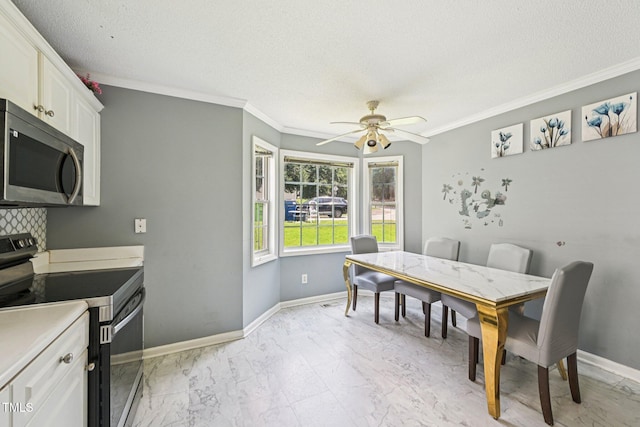 2636 Scattered Oak Ct, Raleigh, NC 27603 - dining area with ceiling fan, crown molding, a textured ceiling, and light marble finish flooring
