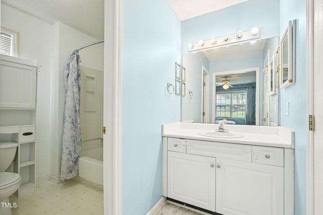 2636 Scattered Oak Ct, Raleigh, NC 27603 - full bath featuring vanity, shower / bath combination with curtain, and ceiling fan