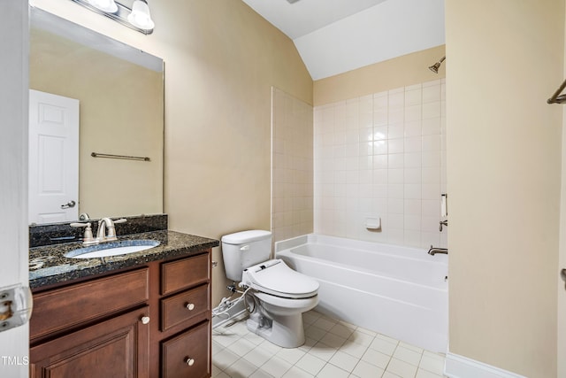 2129 Glade Valley Ln, Morrisville, NC 27560 - full bathroom with tile patterned flooring, vanity, lofted ceiling, and shower / bathtub combination