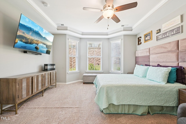 833 Atticus Way, Durham, NC 27703 - bedroom with a tray ceiling, carpet floors, crown molding, and ceiling fan