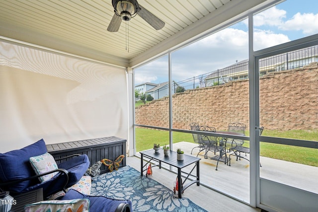 833 Atticus Way, Durham, NC 27703 - sunroom / solarium featuring outdoor dining space, a ceiling fan, and an outdoor hangout area