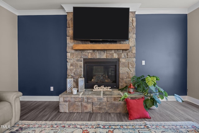 22 Combine Trl, Benson, NC 27504 - living room featuring wood finished floors, a fireplace, and ornamental molding
