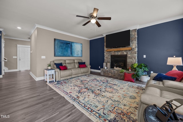 22 Combine Trl, Benson, NC 27504 - living room featuring ornamental molding, a ceiling fan, wood finished floors, a fireplace, and recessed lighting