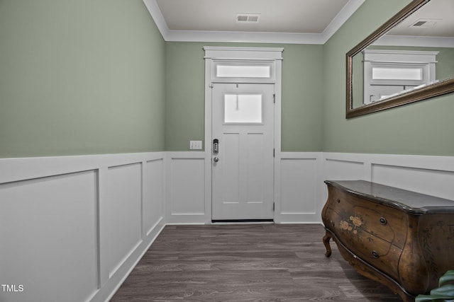 22 Combine Trl, Benson, NC 27504 - foyer featuring ornamental molding, a decorative wall, wainscoting, and dark wood-style floors