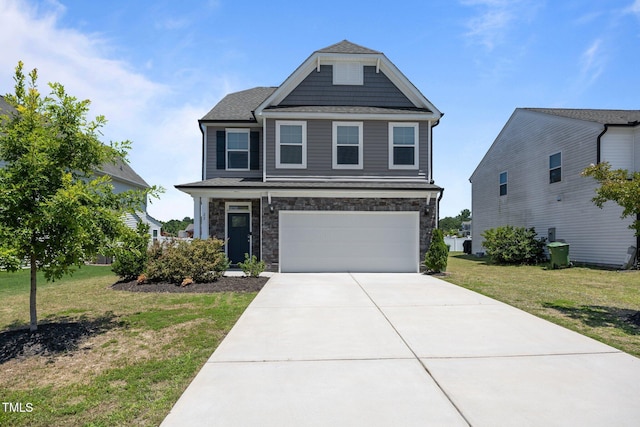 22 Combine Trl, Benson, NC 27504 - view of front facade with an attached garage, a front yard, stone siding, and concrete driveway