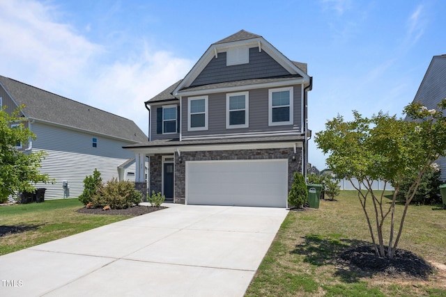 22 Combine Trl, Benson, NC 27504 - view of front of house featuring an attached garage, stone siding, and a front yard