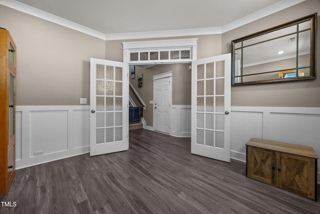 22 Combine Trl, Benson, NC 27504 - unfurnished room with french doors, crown molding, wood finished floors, a decorative wall, and wainscoting