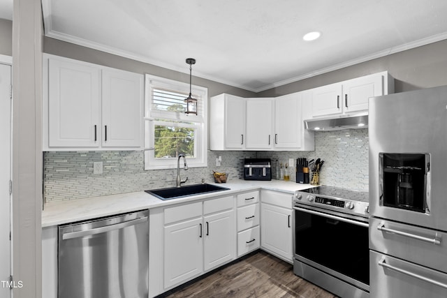10 Wilders Ln, Louisburg, NC 27549 - kitchen featuring appliances with stainless steel finishes, under cabinet range hood, dark wood-style floors, ornamental molding, and decorative backsplash