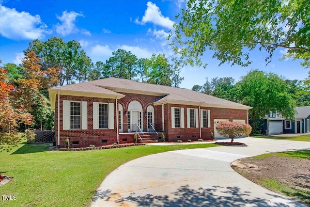 206 Tramway Pl, Goldsboro, NC 27534 - view of front of property with crawl space, brick siding, concrete driveway, a front lawn, and an attached garage