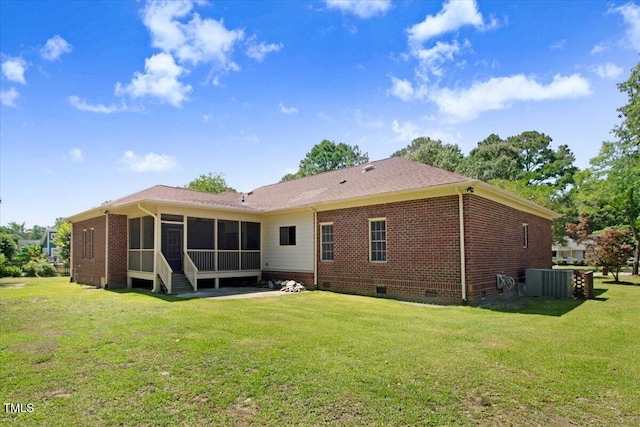 206 Tramway Pl, Goldsboro, NC 27534 - rear view of house with crawl space, a sunroom, a lawn, and brick siding