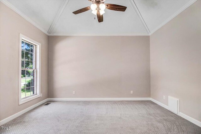 206 Tramway Pl, Goldsboro, NC 27534 - unfurnished room featuring healthy amount of natural light, vaulted ceiling, light carpet, a ceiling fan, and crown molding