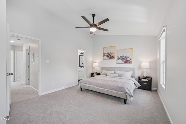 3973 Volkswalk Pl, Raleigh, NC 27610 - bedroom featuring carpet, high vaulted ceiling, connected bathroom, multiple windows, and a ceiling fan