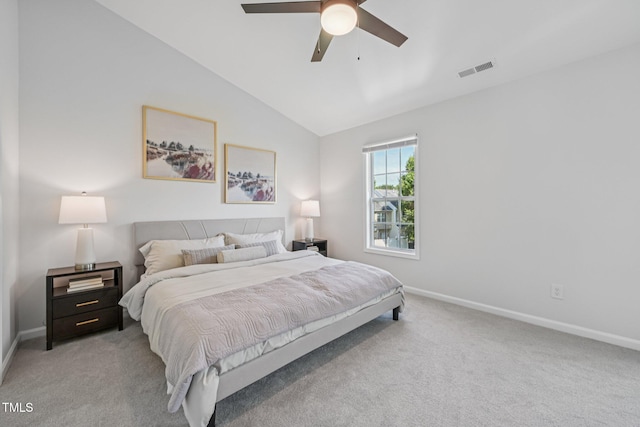 3973 Volkswalk Pl, Raleigh, NC 27610 - bedroom with light colored carpet, vaulted ceiling, and a ceiling fan