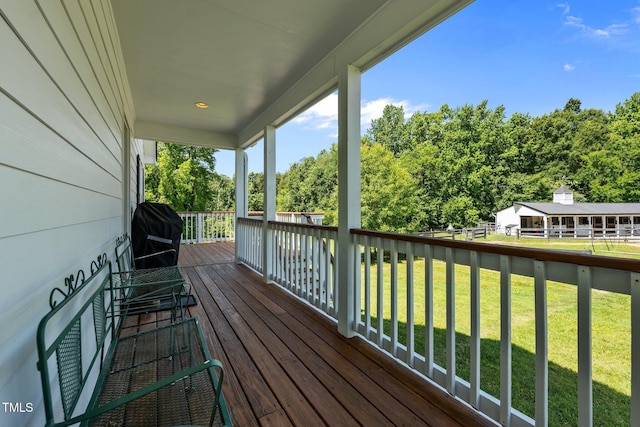 3511 Corbett Rd, Mebane, NC 27302 - wooden porch with a yard, area for grilling, and view of wooded area