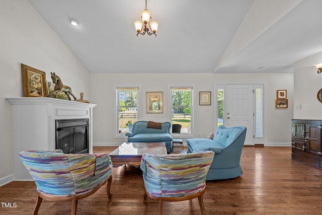 3511 Corbett Rd, Mebane, NC 27302 - living area with lofted ceiling, a chandelier, wood finished floors, and recessed lighting