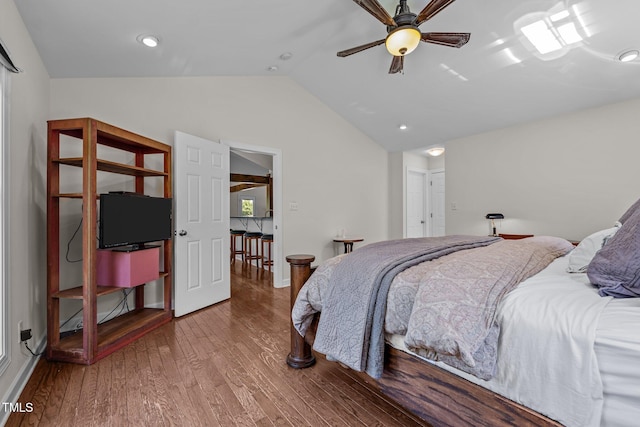 3511 Corbett Rd, Mebane, NC 27302 - bedroom with vaulted ceiling, wood finished floors, and a ceiling fan
