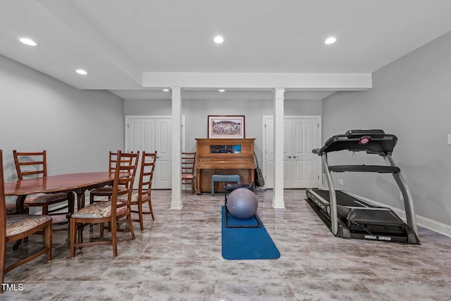 3511 Corbett Rd, Mebane, NC 27302 - exercise room with decorative columns, recessed lighting, and wood finished floors