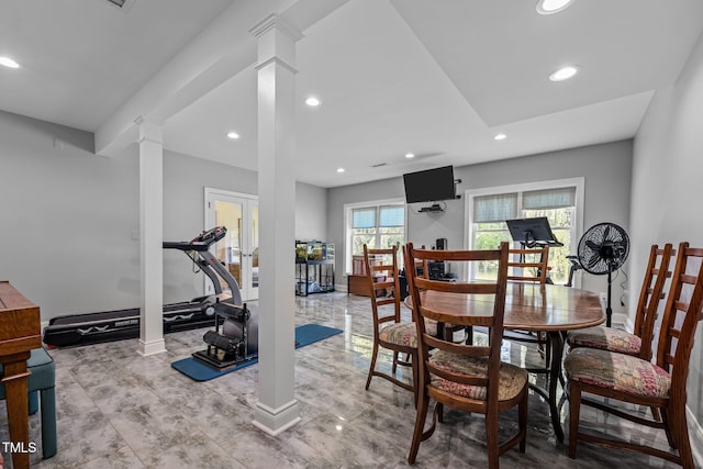 3511 Corbett Rd, Mebane, NC 27302 - dining area featuring decorative columns, recessed lighting, and french doors