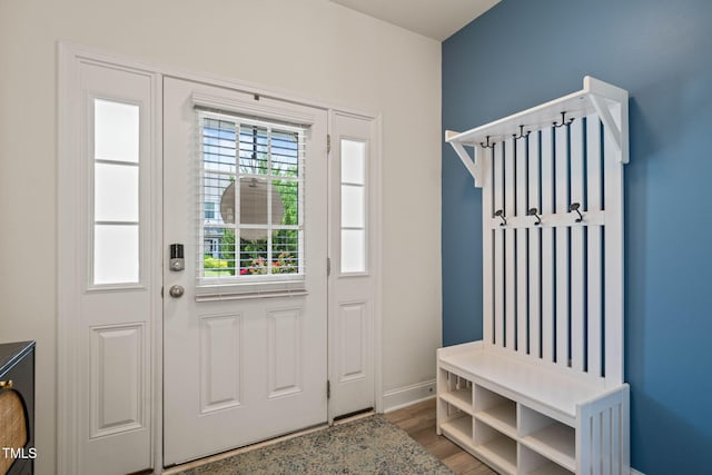 1137 Amber Shadow Dr, Durham, NC 27703 - mudroom with wood finished floors and baseboards