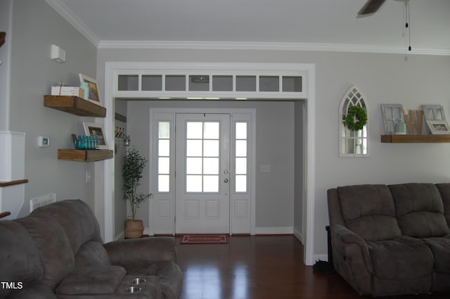 2471 Golden Forest Dr, Franklinton, NC 27525 - entryway with crown molding, dark wood-style floors, and a ceiling fan