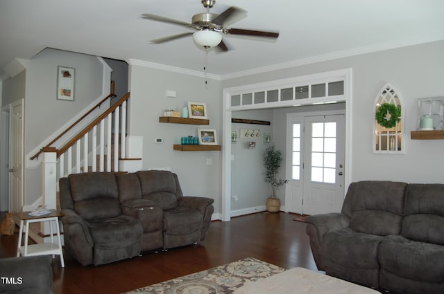 2471 Golden Forest Dr, Franklinton, NC 27525 - living area featuring wood finished floors, ceiling fan, ornamental molding, and stairs