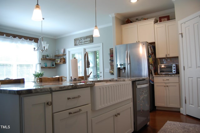 2471 Golden Forest Dr, Franklinton, NC 27525 - kitchen with dishwasher, crown molding, white cabinetry, backsplash, and hanging light fixtures