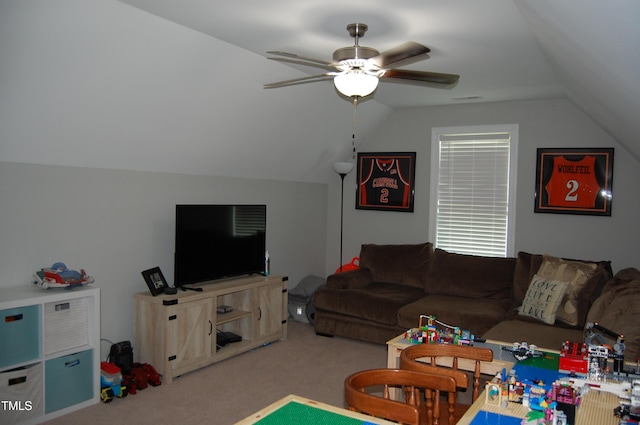 2471 Golden Forest Dr, Franklinton, NC 27525 - living room with ceiling fan, vaulted ceiling, and carpet floors