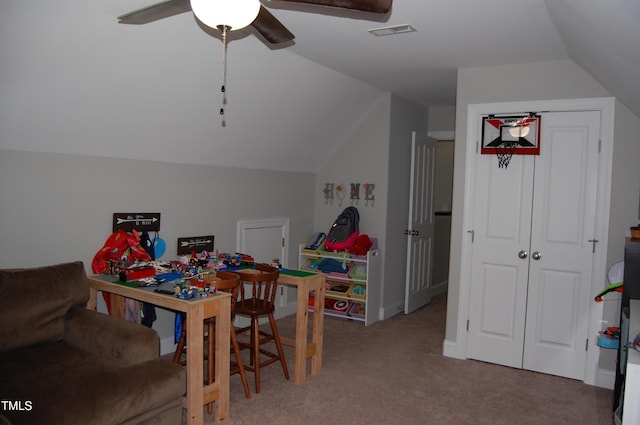 2471 Golden Forest Dr, Franklinton, NC 27525 - rec room with lofted ceiling, ceiling fan, and carpet