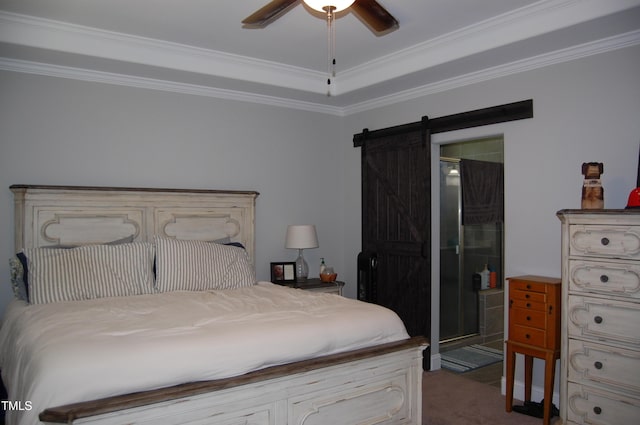 2471 Golden Forest Dr, Franklinton, NC 27525 - bedroom with a barn door, crown molding, dark colored carpet, and a ceiling fan