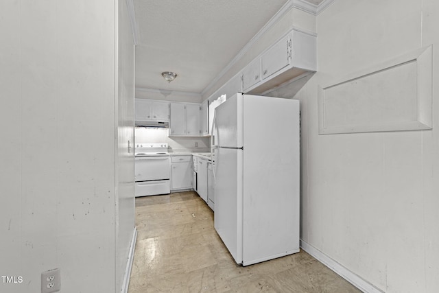 1402 Tarleton Ave, Burlington, NC 27215 - kitchen featuring white appliances, white cabinetry, under cabinet range hood, light countertops, and light floors