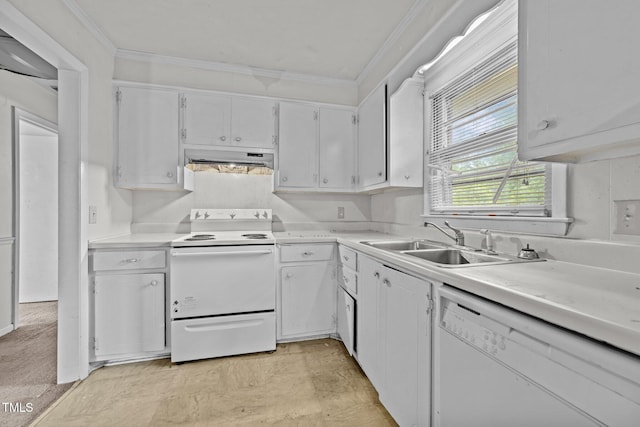 1402 Tarleton Ave, Burlington, NC 27215 - kitchen with white appliances, range hood, crown molding, white cabinetry, and light countertops